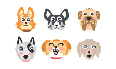 Cute Cartoon Dog of Different Breed Muzzles Vector Set