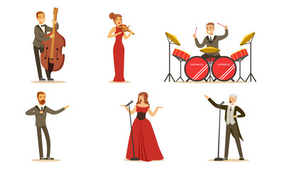 Singers and musicians in concert clothes. Set of vector illustrations.