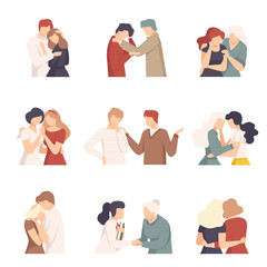 People Supporting Each Other with Words and Standing by Side Vector Illustrations Set