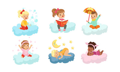 Smiling Kids Sitting on Clouds and Doing Different Things Vector Illustrations Set
