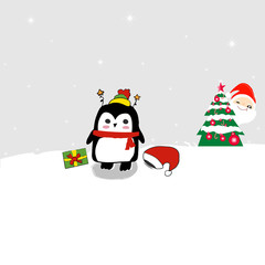 Penguins stand in the snow with a gift box, a hat Lay on the ground And Santa Cross sneaks behind the Christmas tree