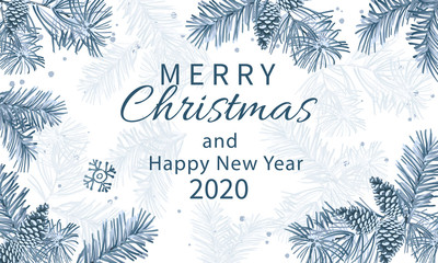 Blue Christmas tree branches and pine cones on white background, typography.