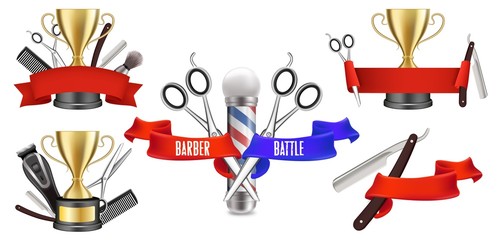 Barber competition logo, emblem set, vector isolated illustration