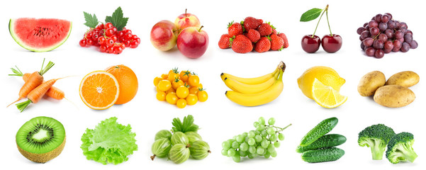 Collection de fruits et légumes de couleur sur blanc