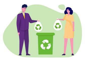 Zero waste concept. People sorting waste and use eco bag. Vector illustration white isolated.