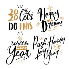 Happy New Year 2020 quote text collection vector design with modern hand lettering calligraphy typography and fireworks illustration