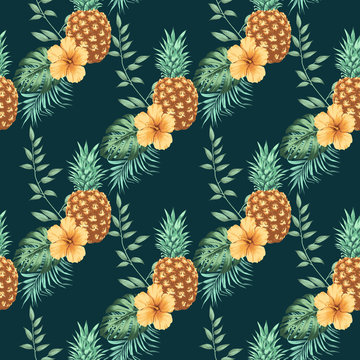 Tropical pineapple seamless pattern. Can be used as print, postcard, packaging design, element design, template, textile design, wrapping paper, digital paper, fabrics and so on.