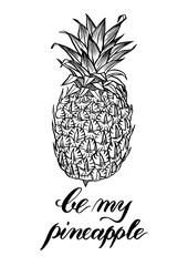 Hand drawn ink pineapple illustration. Can be used as print, postcard, packaging design, element design, template, textile design, sticker, tattoo and so on.