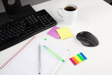 Office workplace table with supplies and coffee cup. Flat lay. Top view with space for your text