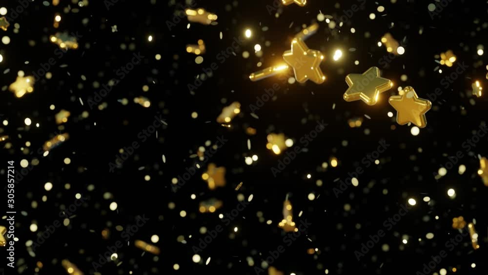 Wall mural abstract motion background shining gold particles and 3d stars. shimmering glittering particles with