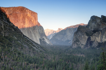 El Capitan, Half Dome, and Bridalveil Fall, from Tunnel View. Yosemite National Park, California, USA.