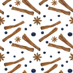 Christmas hot drink spices watercolor seamless pattern