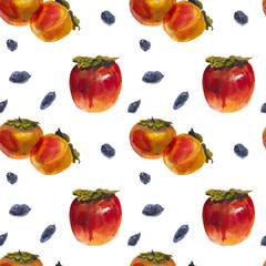 Winter persimmon fruits on a white, watercolor seamless pattern