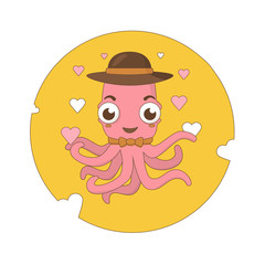 Cartoon cute pink smiling octopus (devilfish, poulpe) juggles hearts in a brown hat  and bow-tie. Using vintage colours.   isolated on white background. Flat Vector illustration.