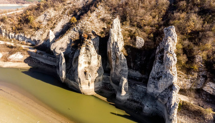 Aerial drone view of wonderful rocks at  Conevo dam.Bulgaria.