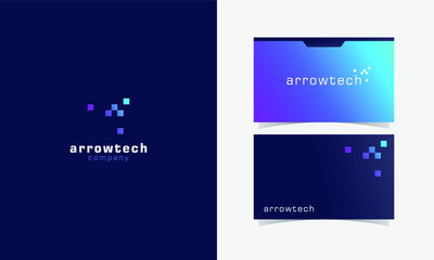 Arrow Pixel Technology logomark vector with business card template design for branding identity