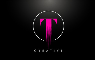 Pink T Brush Stroke Letter Logo Design. Pink Paint Logo Leters Icon.