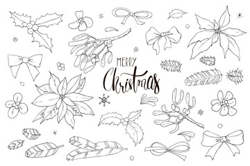 Christmas set from colorless festive doodles with snowflakes. Vector set. For printed materials, prints, posters, cards,  coloring book. Holiday background. Hand drawn decorative elements. 