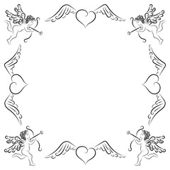 Stylized frame made of cupids and hearts with wings. Valentine's day, love, wedding. Vector stock illustration. Isolated object on a white background. Line drawing. Ornament. Lace. Template for card.