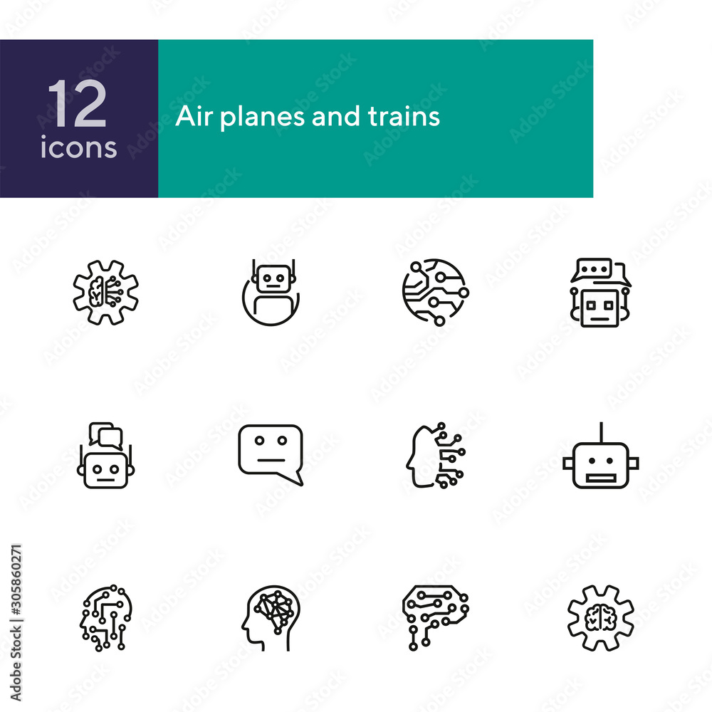 Poster ai technologies line icon set. circuit board, chat algorithm, cyber brain. artificial intelligence c