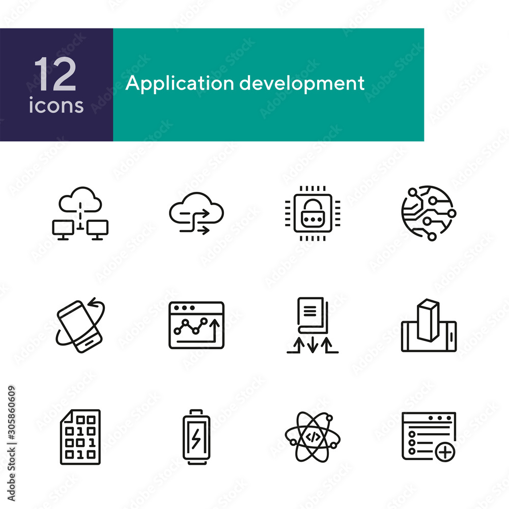 Poster application development line icon set. battery charging, binary code, cloud networking. information 