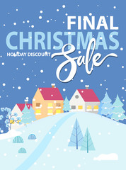 Final Christmas sale at wintertime. Discounts for shopper, promotional poster with snowy cityscape and hills with pine trees. Blizzard in village. Deals and offers from shops and stores vector