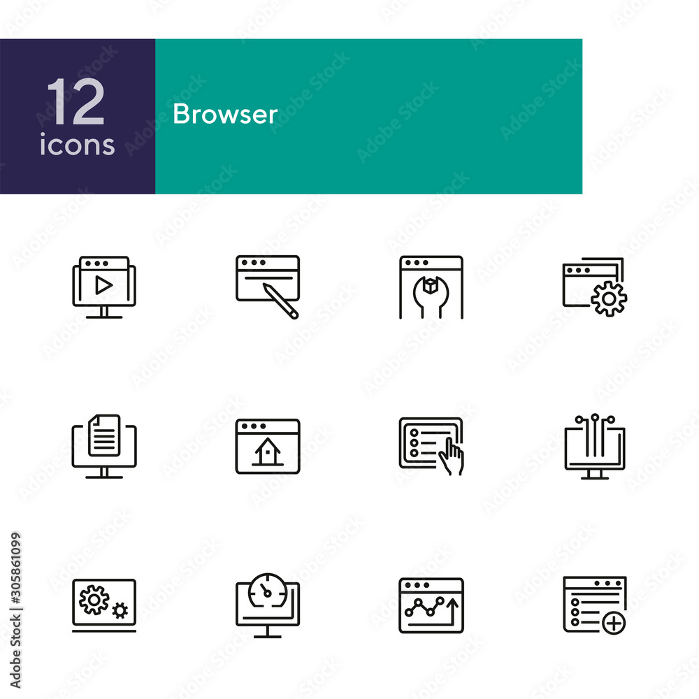 Poster browser line icon set. window, settings, homepage. internet concept. can be used for topics like web