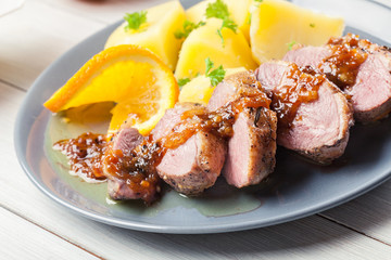 Roast duck breast with orange sauce