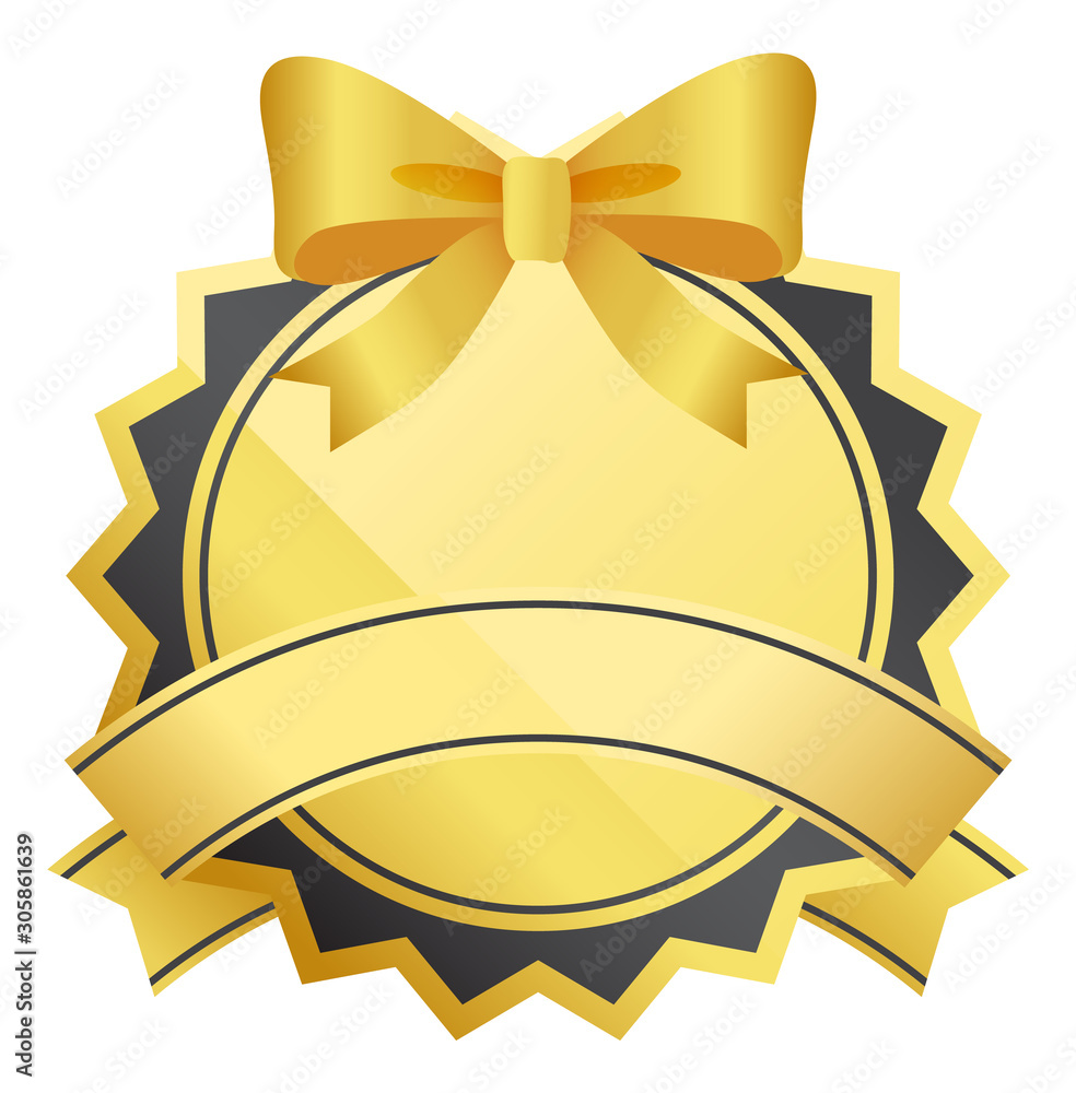 Poster label with ribbon and bow in round shape. golden empty frame with band and lines. postcard glossy de