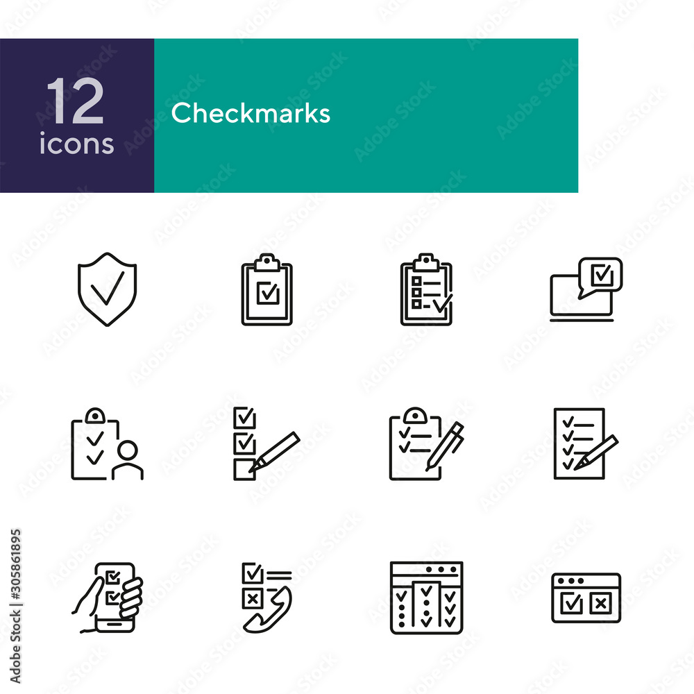 Aufkleber checkmarks line icon set. ticks, list, clipboard. survey concept. can be used for topics like custom