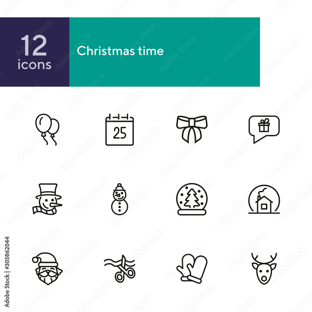 Sticker Christmas time line icon set. Set of line icons on white background. Festive concept. Snowman, Santa Claus, calendar. Vector illustration can be used for topics like Christmas, new year, decoration