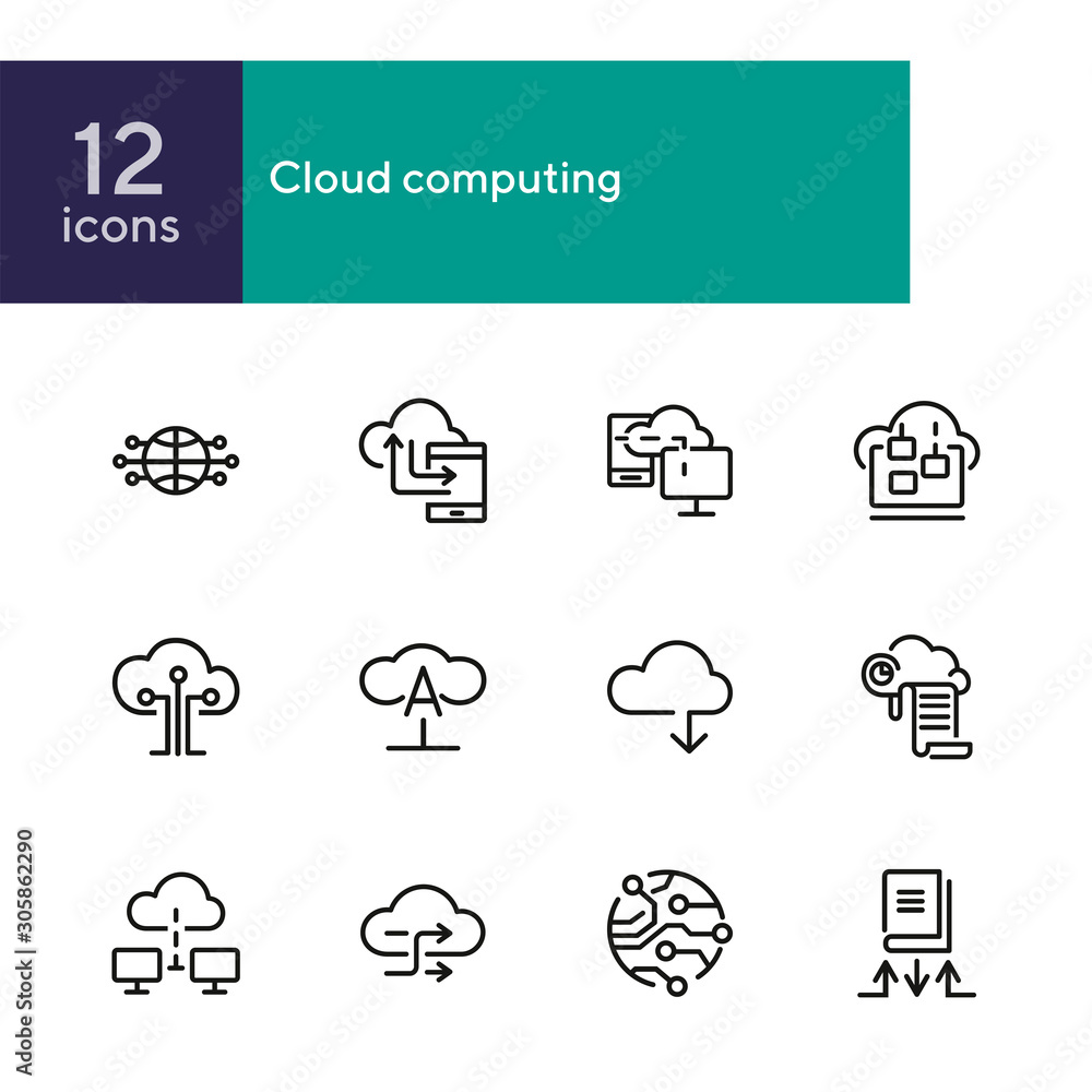Poster cloud computing line icon set. set of line icons on white background. programming concept. system, s