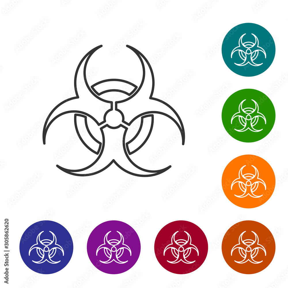 Poster grey line biohazard symbol icon isolated on white background. set icons in color circle buttons. vec