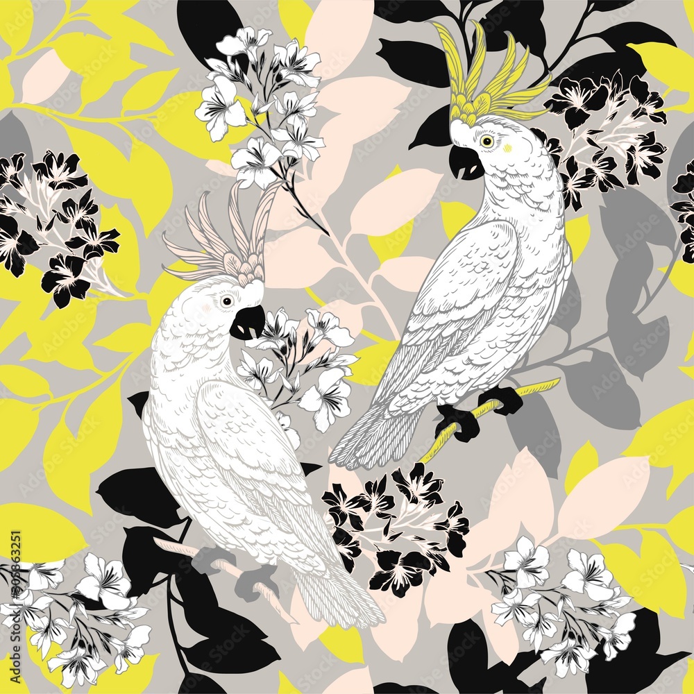 Aufkleber seamless vector pattern with funny cockatoo parrots on tree branches. bright background with birds a