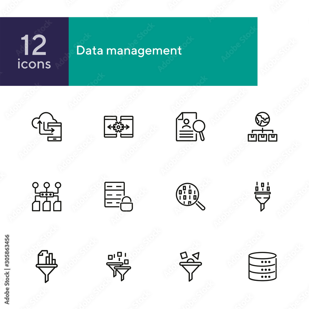 Poster data management line icon set. binary code, structure, storage, filter. information technology conce