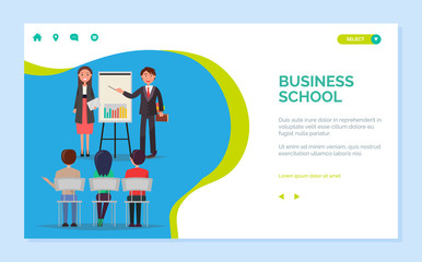 Business school vector, presenter with information gathered for people to learn. Infocharts on whiteboard, teachers and coaches mentoring. Website or webpage template, landing page flat style
