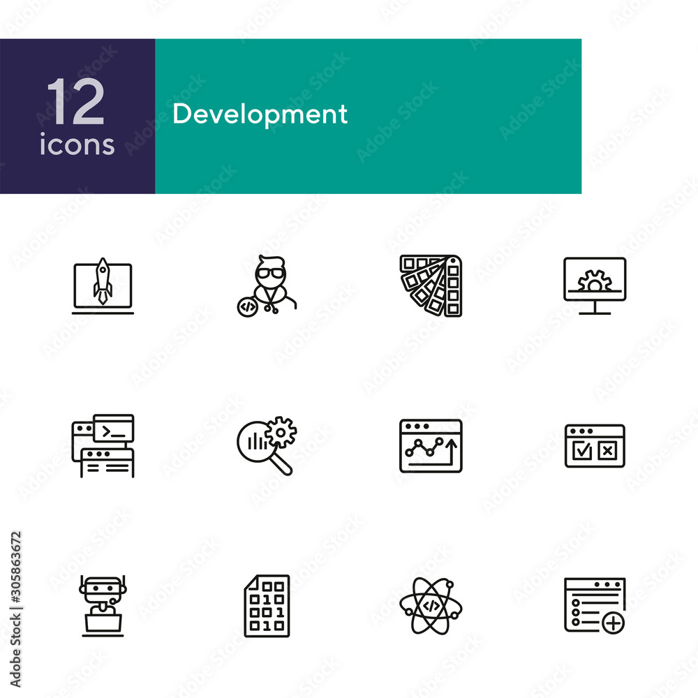 Poster development line icon set. adding new file, atom, binary code. information technology concept. can b