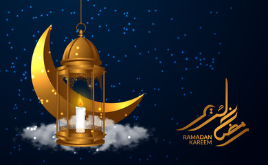 Obraz na płótnie Canvas golden 3D moon crescent with lantern lamp and ramadan kareem calligraphy