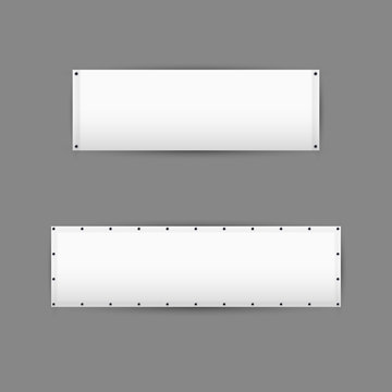 Empty white vinyl banners with grommets. Vector illustration