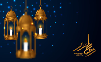 Obraz na płótnie Canvas Hanging 3D golden arabian lantern lamp with ramadan kareem modern calligraphy