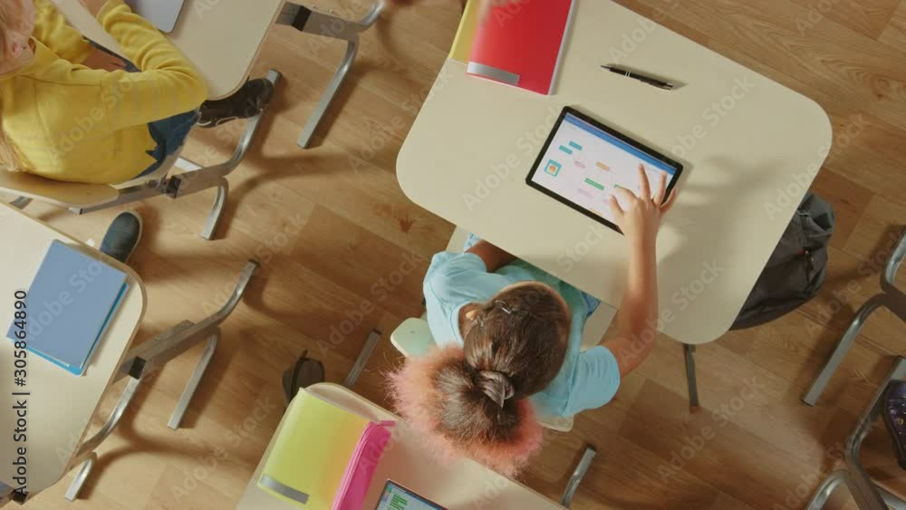 Aufkleber elementary school computer science classroom: children sitting at their school desk using personal c