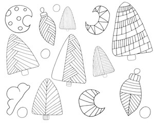 Set of Christmas trees  and toys drawn by hand. For coloring, cover design, fabric, things, textiles, decoupage, poster