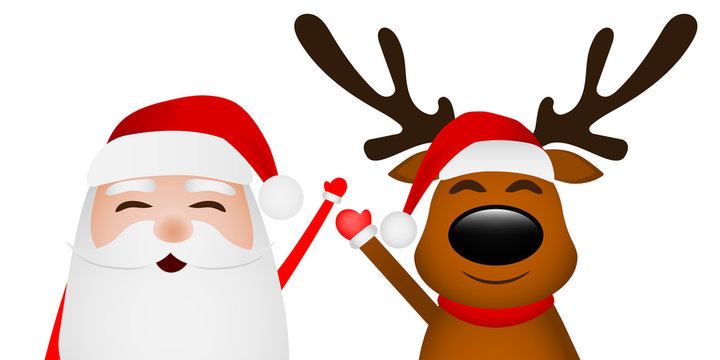 Cartoon funny santa claus and reindeer waving hands isolated on white