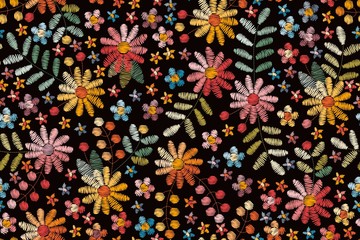 Embroidery seamless pattern. Colorful summer flowers on black background. Bright print for fabric, textile, wrapping paper.