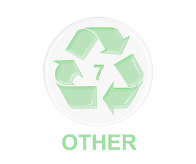 plastic recycle symbol with green glossy glass on transparent round glass. plastic recycle number 7 for Other