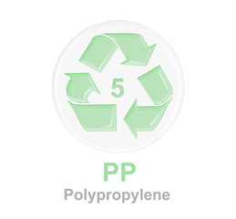 plastic recycle symbol with green glossy glass on transparent round glass. plastic recycle number 5 for PP