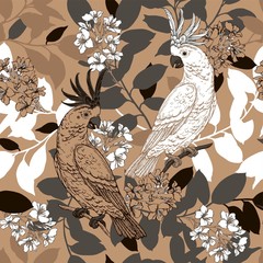 Seamless vector pattern with funny cockatoo parrots on tree branches. Bright background with birds and flowers © Anastasi
