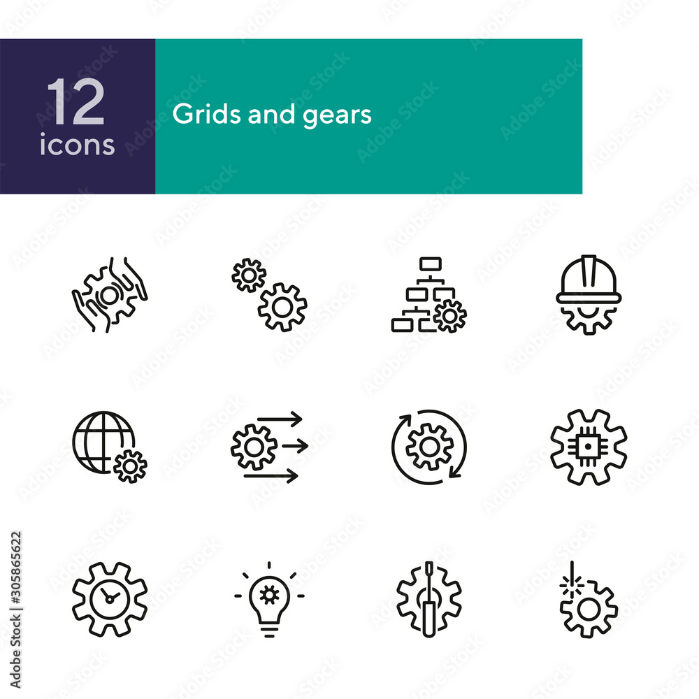 Poster grids and gears line icons. set of line icons on white background. technology concept. control, inte