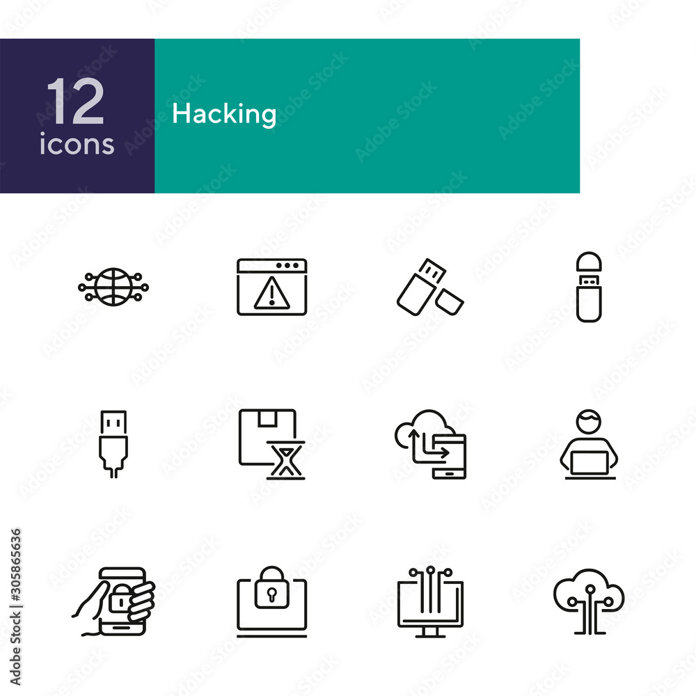 Poster hacking line icon set. programmer, computer, memory stick. information technology concept. can be us