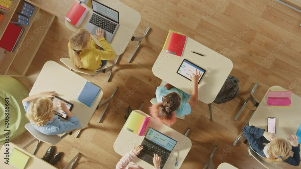 Poster elementary school computer science classroom: children sitting at their school desk use personal com